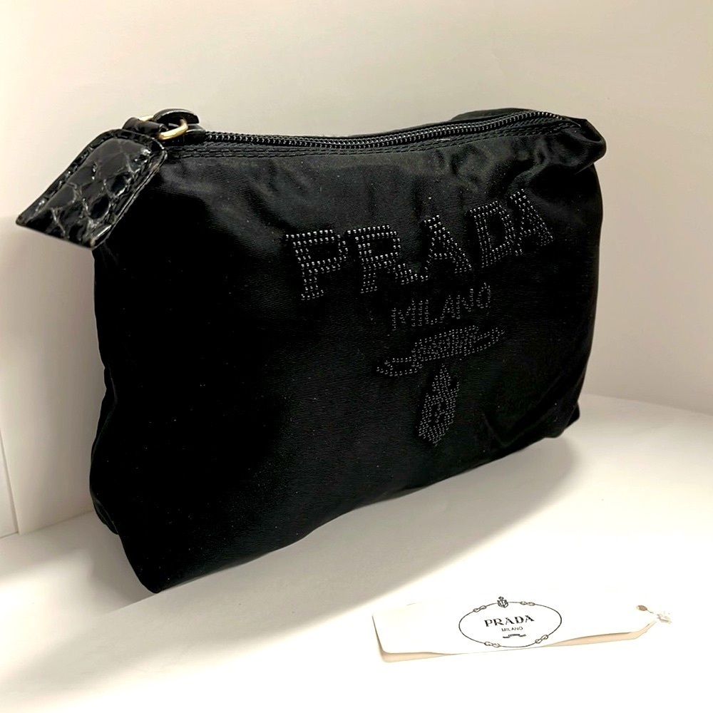 Prada Black Tessuto Nylon Beaded Clutch Zip Top Bag - New, Unused.